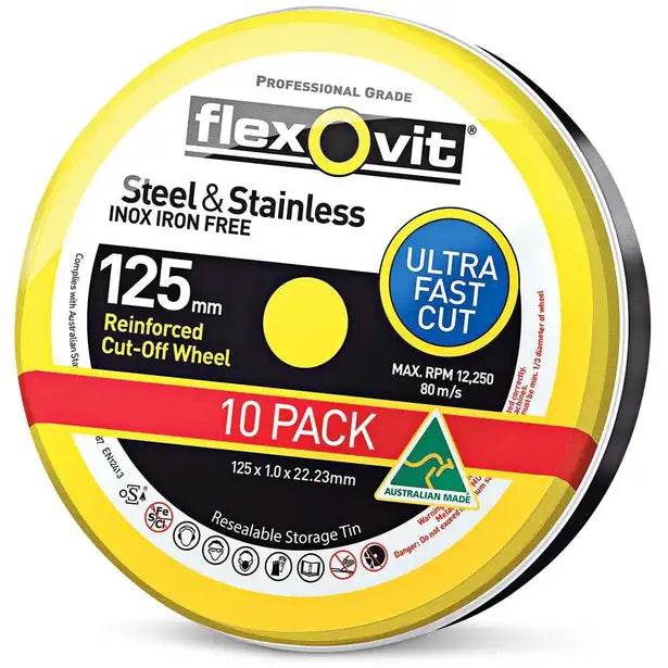 FLEXOVIT 125 X 1.0MM STEEL & STAINLESS CUT OFF DISC - MEGA INOX - 10 PIECE TIN