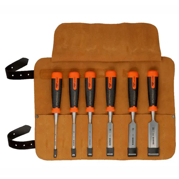 BAHCO ERGO 6 PIECES SPLITPROOF CHISEL SET IN LEATHER ROLL POUCH 434-S6-LR