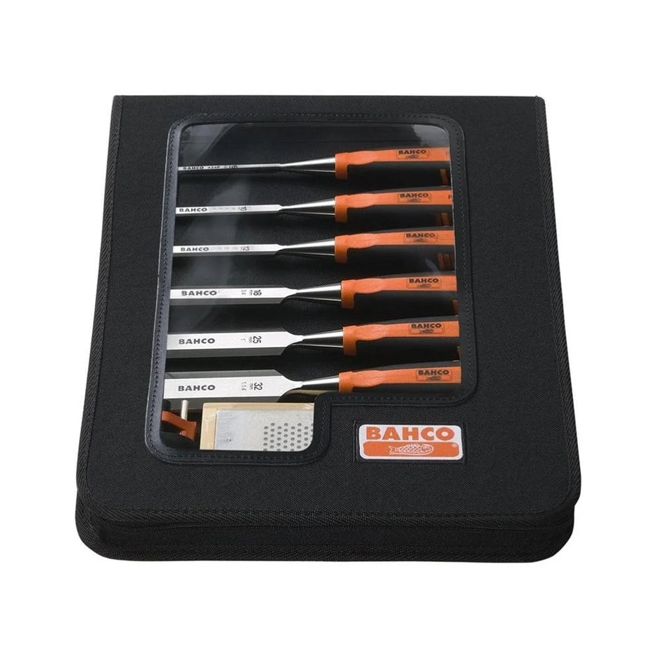Bahco 434-S6-ZC SPLITPROOF 6 Piece Chisel Set In Nylon Zipper Case With Sharpening Stone & Honing Guide
