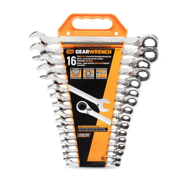 GEARWRENCH 16 PIECE 12 POINT REVERSIBLE RATCHETING COMBINATION METRIC WRENCH SET 9602N