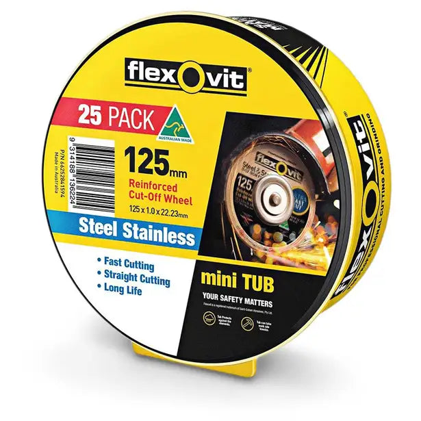 FLEXOVIT 125 X 1.0MM STEEL & STAINLESS CUT OFF DISC - MEGA INOX - 25 PIECE TUB