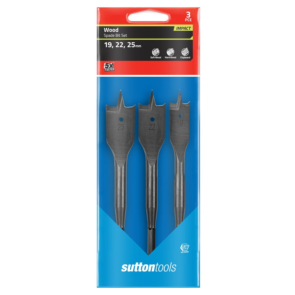 Sutton Tools D501SS3 Impact Spade Bit Set 3 Piece Metric 19mm, 22mm, 25mm
