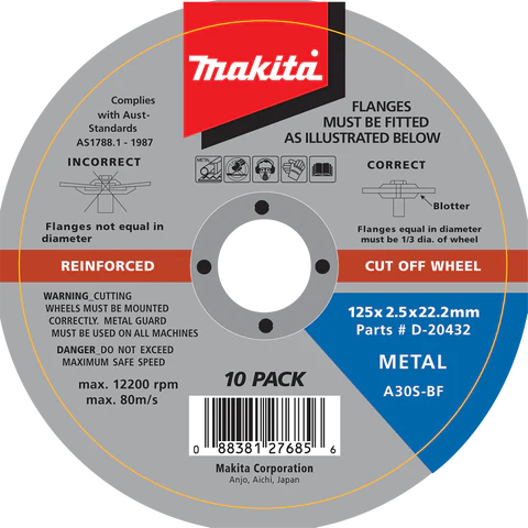 Makita 125mm X 2.5mm X 22.23mm - Metal Cutting Disc A30S - (10Pk) D-20432-10
